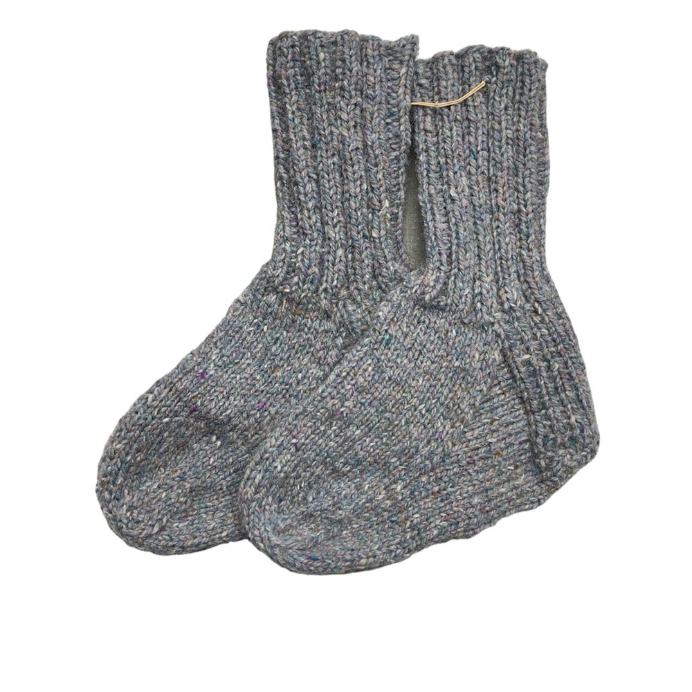 Hand knit. Warm boot, socks, slippers, blue tweed, fall, winter. Wool.